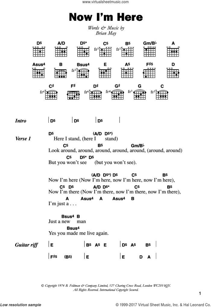 Now I'm Here sheet music for guitar (chords) by Queen and Brian May, intermediate skill level
