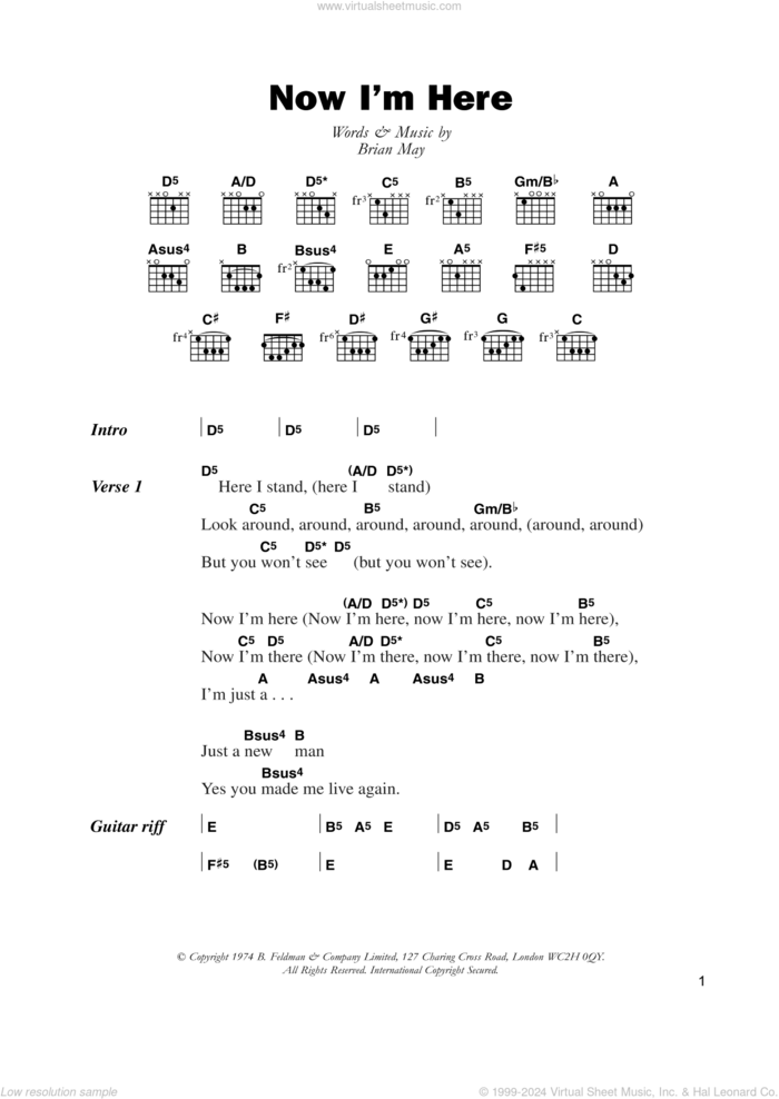 Now I'm Here sheet music for guitar (chords) by Queen and Brian May, intermediate skill level