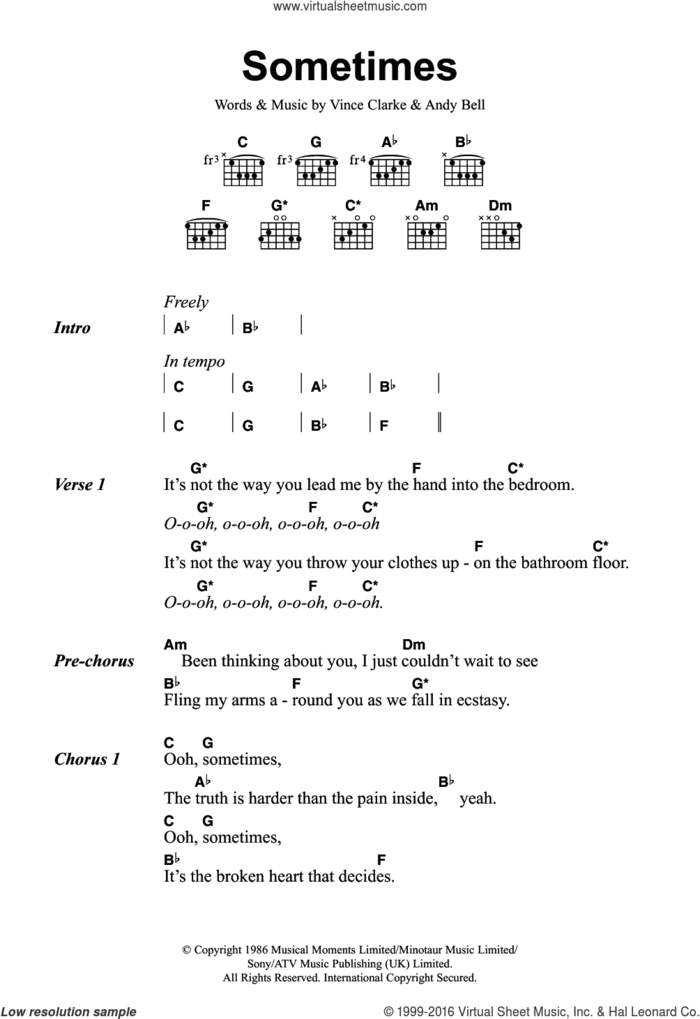 Sometimes sheet music for guitar (chords) by Erasure, Andy Bell and Vince Clarke, intermediate skill level