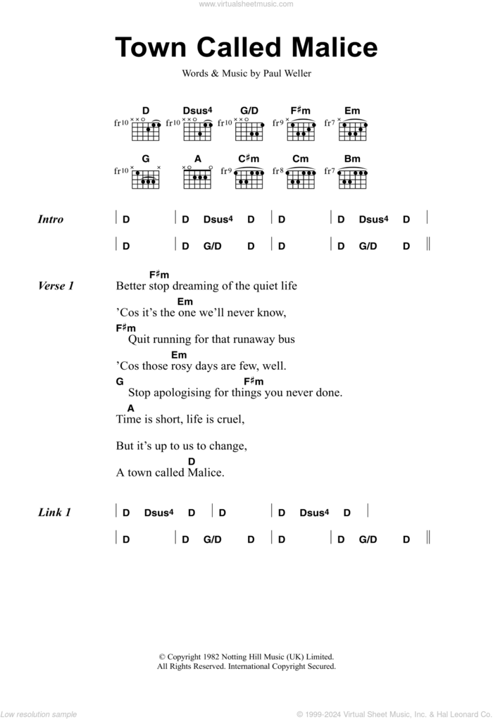 Town Called Malice sheet music for guitar (chords) by The Jam and Paul Weller, intermediate skill level