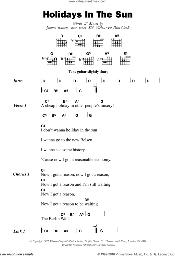 Holidays In The Sun sheet music for guitar (chords) by The Sex Pistols, Johnny Rotten, Paul Thomas Cook, Sid Vicious and Steve Jones, intermediate skill level