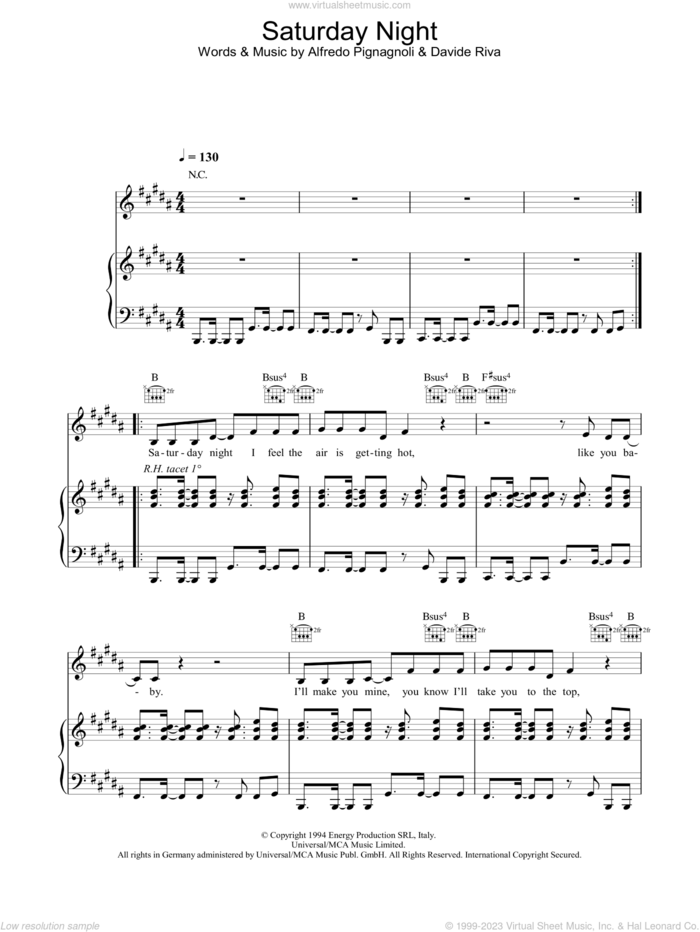 Saturday Night sheet music for voice, piano or guitar by Whigfield, Alfredo Pignagnoli and Davide Riva, intermediate skill level