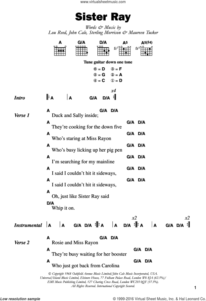 Sister Ray sheet music for guitar (chords) by The Velvet Underground, John Cale, Lou Reed, Maureen Tucker and Sterling Morrison, intermediate skill level