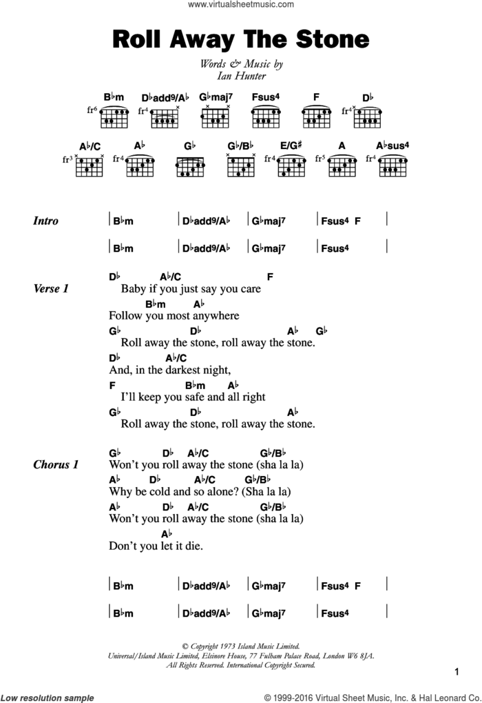 Roll Away The Stone sheet music for guitar (chords) by Mott The Hoople and Ian Hunter, intermediate skill level