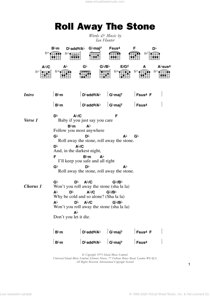 Roll Away The Stone sheet music for guitar (chords) by Mott The Hoople and Ian Hunter, intermediate skill level