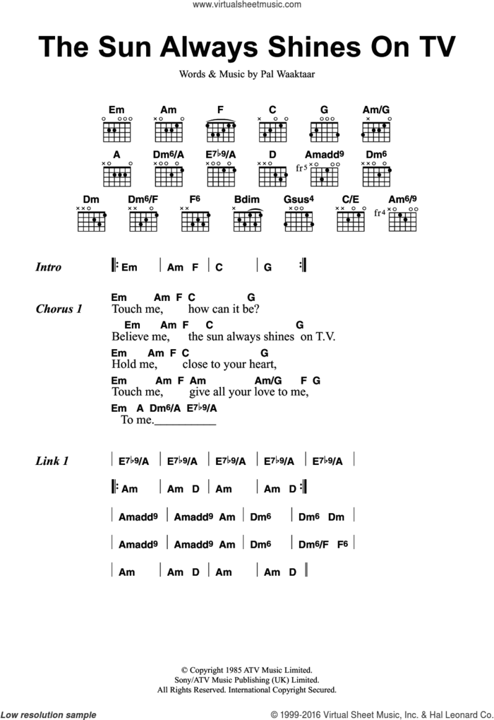 The Sun Always Shines On TV sheet music for guitar (chords) by a-ha and Pal Waaktaar, intermediate skill level