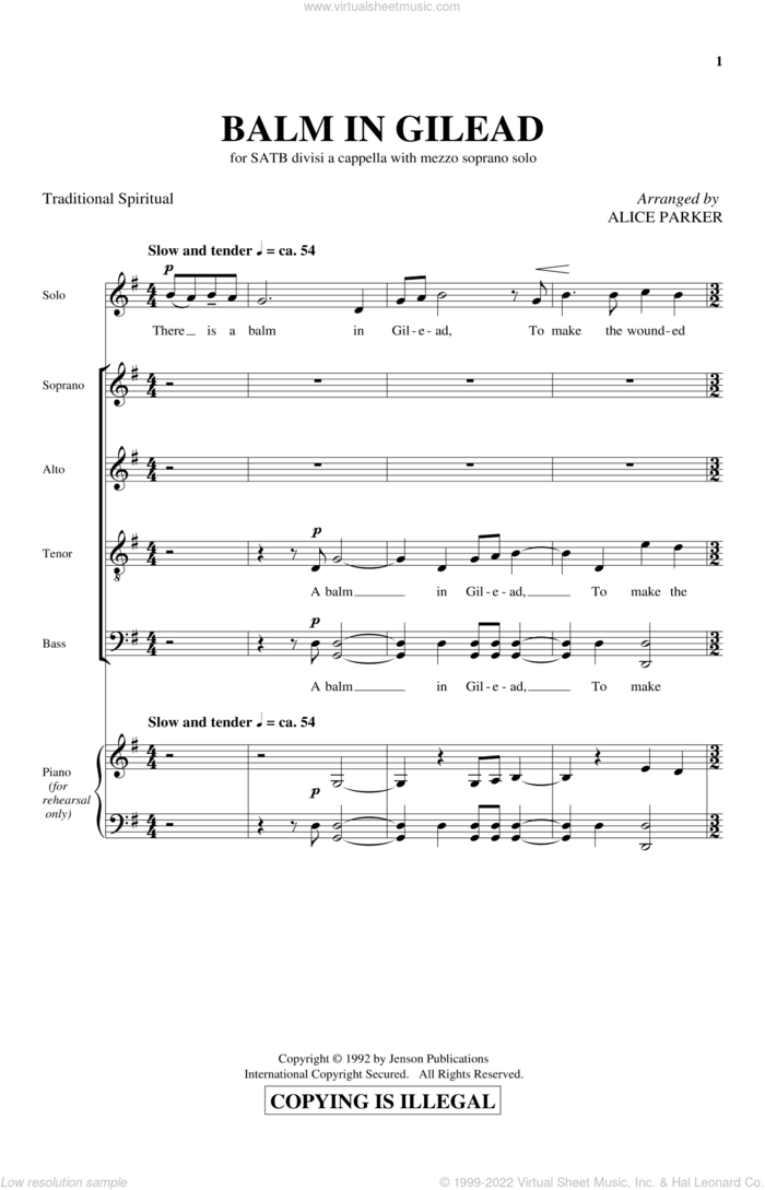 Balm In Gilead sheet music for choir (SATB: soprano, alto, tenor, bass) by Alice Parker and Miscellaneous, intermediate skill level