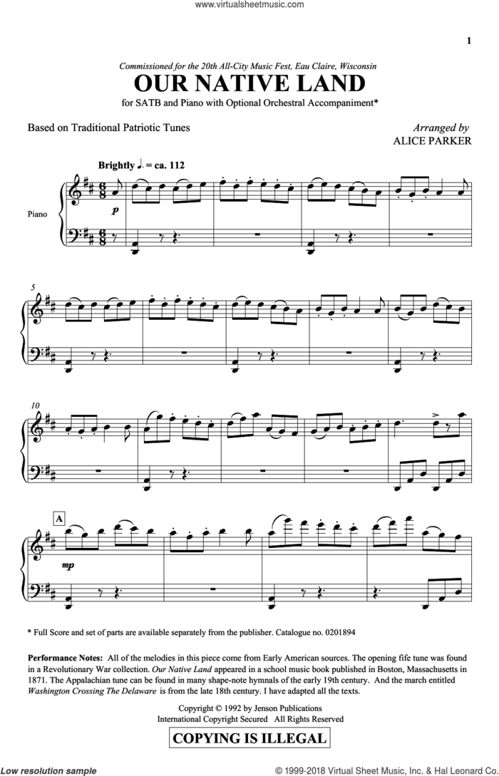 Our Native Land sheet music for choir (SATB: soprano, alto, tenor, bass) by Alice Parker and Traditional Patriotic Tunes, intermediate skill level