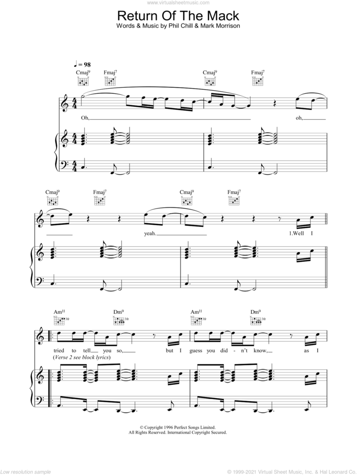 Return Of The Mack sheet music for voice, piano or guitar by Mark Morrison and Phil Chill, intermediate skill level