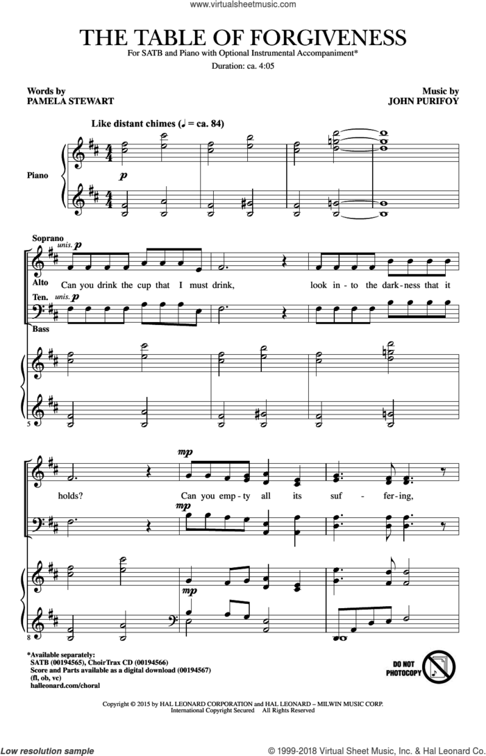 The Table Of Forgiveness sheet music for choir (SATB: soprano, alto, tenor, bass) by John Purifoy and Pamela Stewart, intermediate skill level
