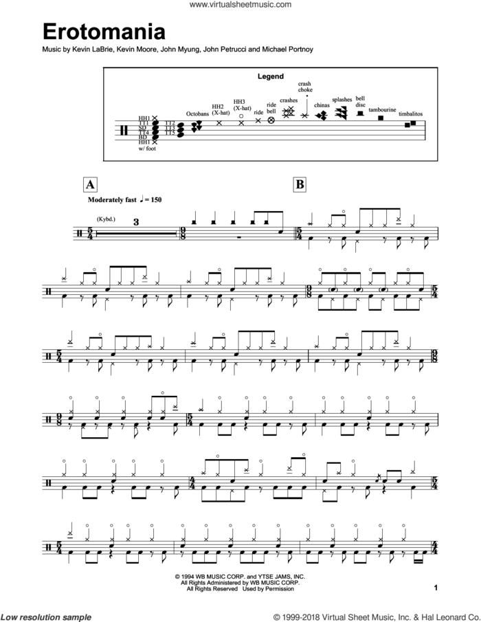 Erotomania sheet music for drums by Dream Theater, John Myung, John Petrucci, Kevin James Labrie, Kevin Moore and Michael Portnoy, intermediate skill level