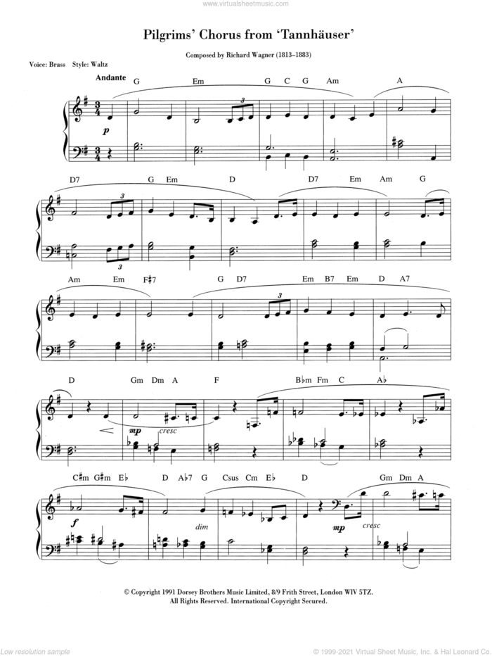 Pilgrims' March sheet music for piano solo (chords, lyrics, melody) by Richard Wagner, classical score, intermediate piano (chords, lyrics, melody)