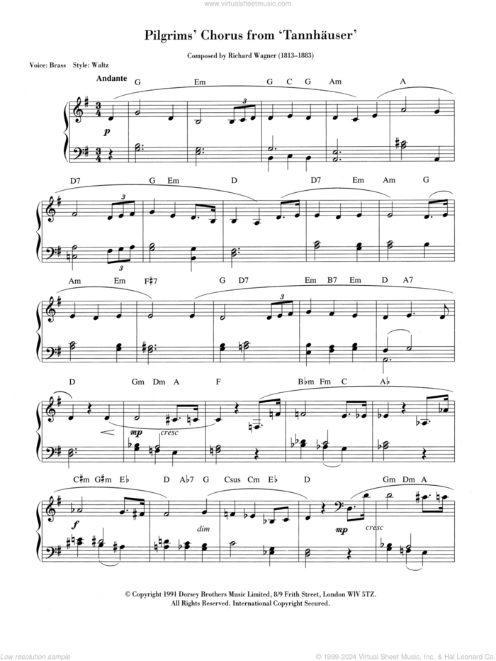 Pilgrims' March sheet music for piano solo (chords, lyrics, melody) by Richard Wagner, classical score, intermediate piano (chords, lyrics, melody)