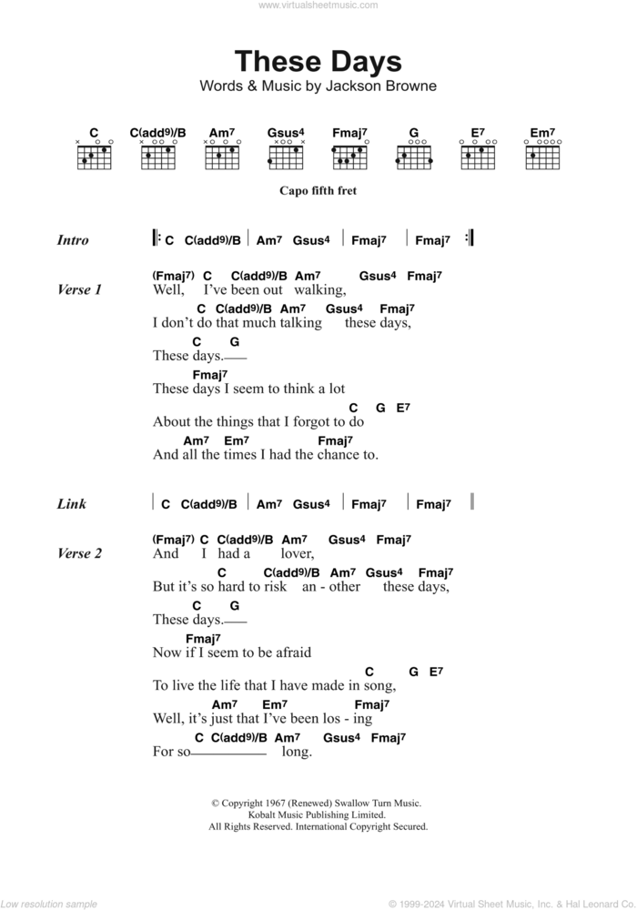 These Days sheet music for guitar (chords) by Jackson Browne, Nico and Razorlight, intermediate skill level