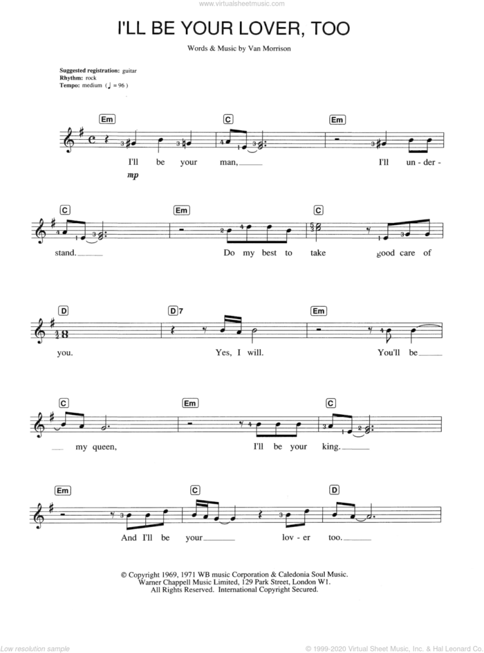 I'll Be Your Lover, Too sheet music for piano solo (chords, lyrics, melody) by Van Morrison, intermediate piano (chords, lyrics, melody)