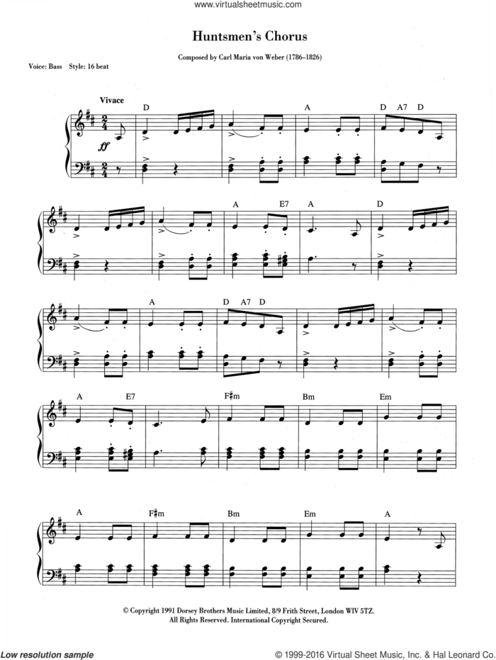 The Huntsmen's Chorus sheet music for piano solo (chords, lyrics, melody) by Carl Maria Von Weber, classical score, intermediate piano (chords, lyrics, melody)
