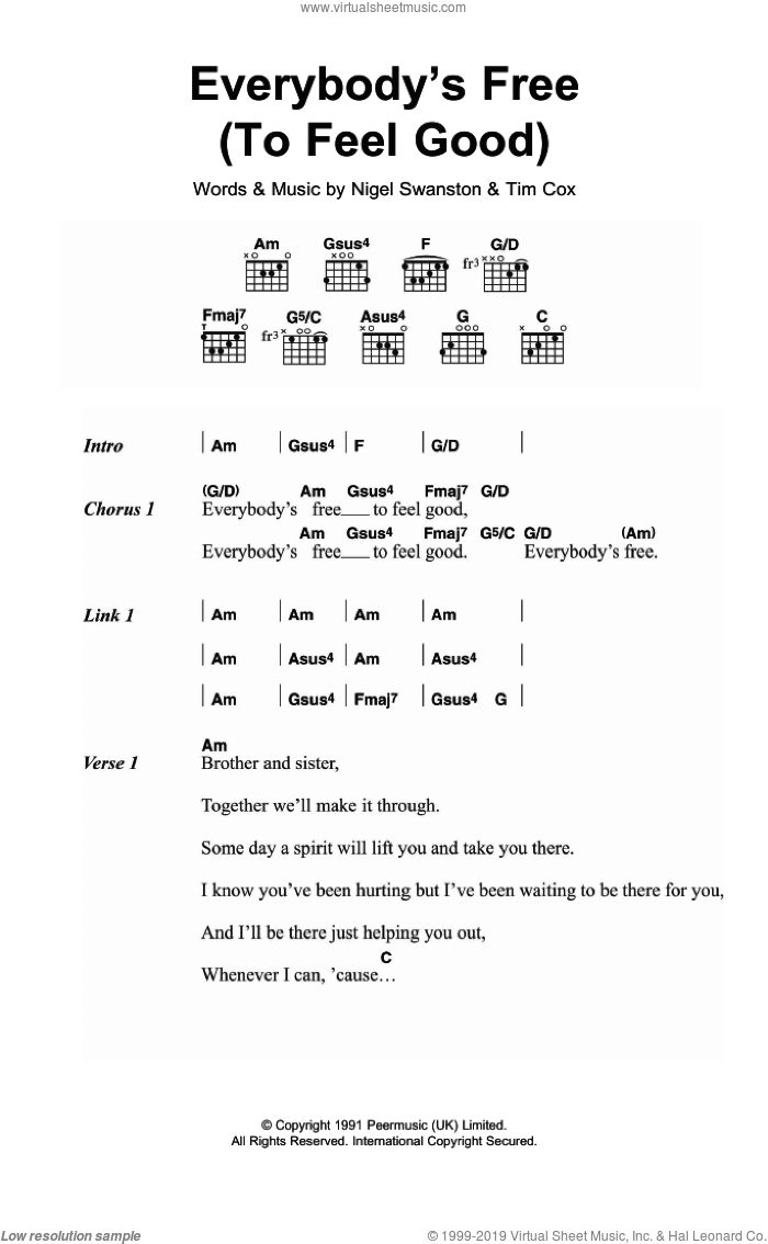 Everybody's Free (To Feel Good) sheet music for guitar (chords) by Rozalla, Nigel Swanston and Tim Cox, intermediate skill level