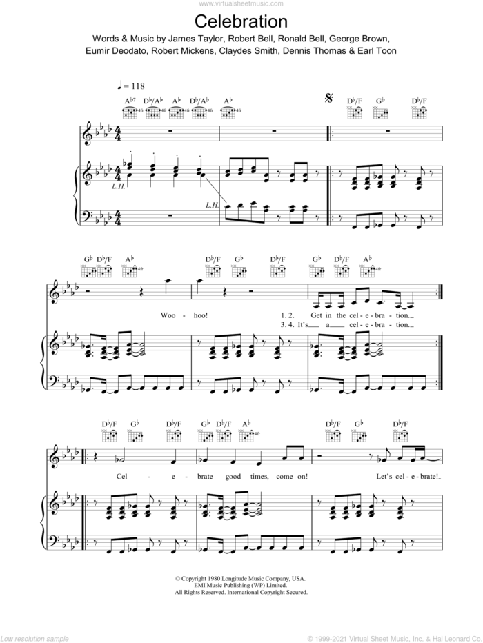 Celebration sheet music for voice, piano or guitar by Kool And The Gang, Claydes Smith, Dennis Thomas, Earl Toon, Eumir Deodato, George Brown, James Taylor, Robert Bell, Robert Mickens and Ronald Bell, intermediate skill level