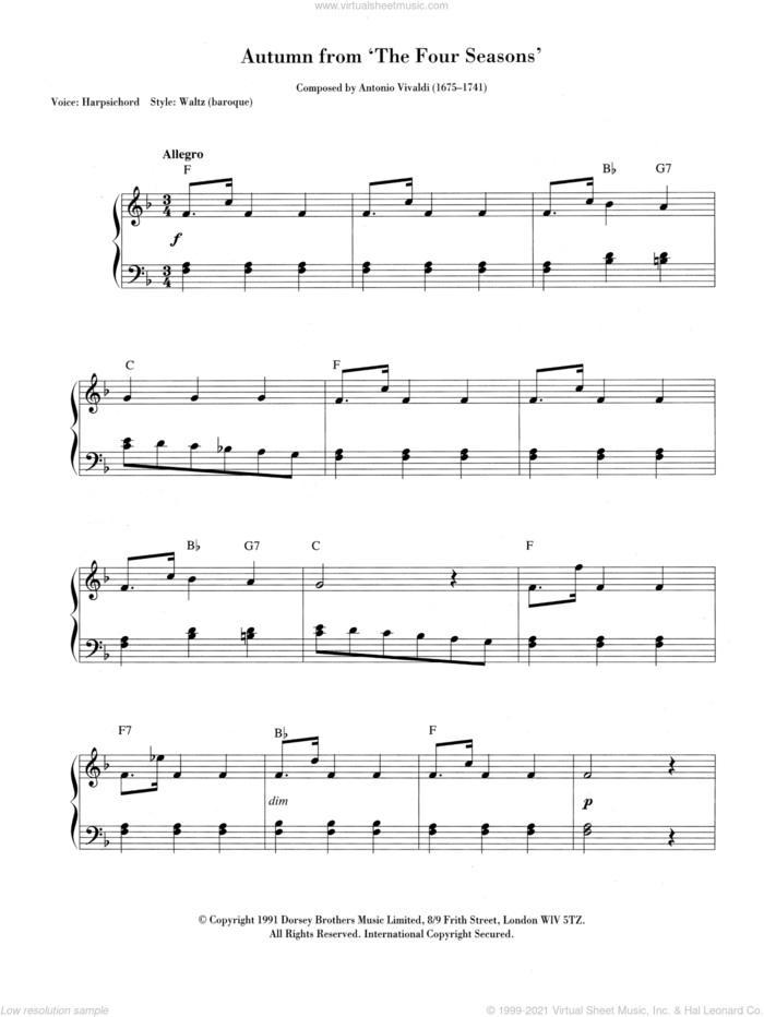 Autumn (from The Four Seasons) sheet music for piano solo (chords, lyrics, melody) by Antonio Vivaldi, classical score, intermediate piano (chords, lyrics, melody)