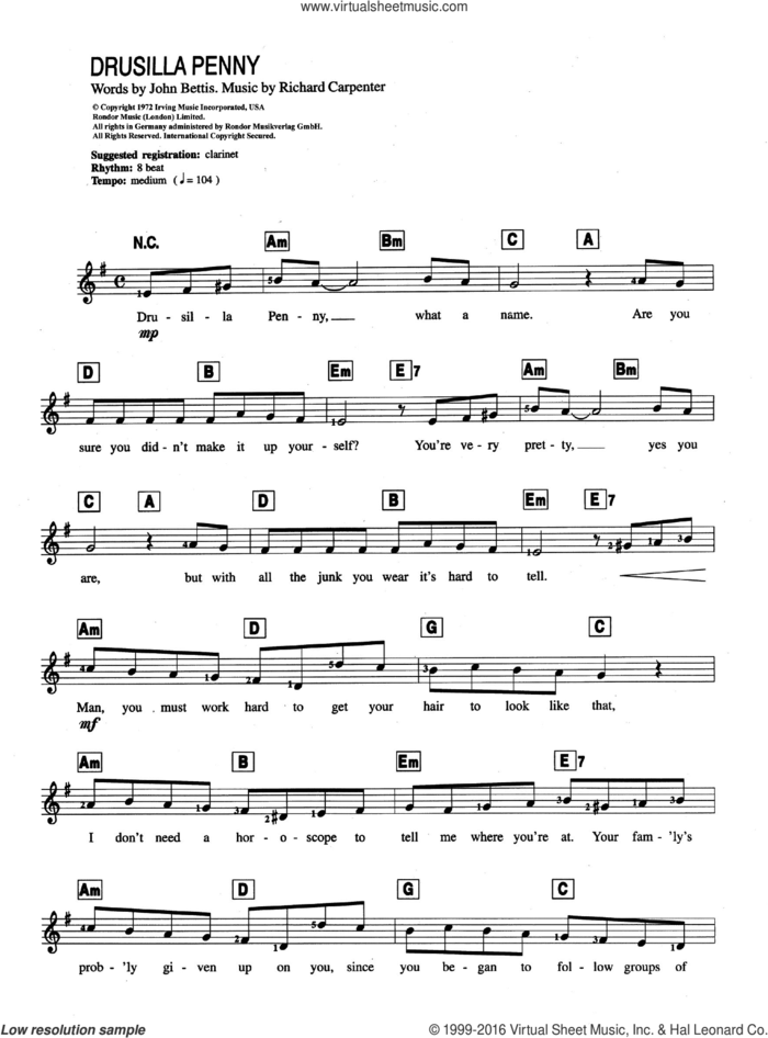Drusilla Penny sheet music for piano solo (chords, lyrics, melody) by Carpenters, John Bettis and Richard Carpenter, intermediate piano (chords, lyrics, melody)