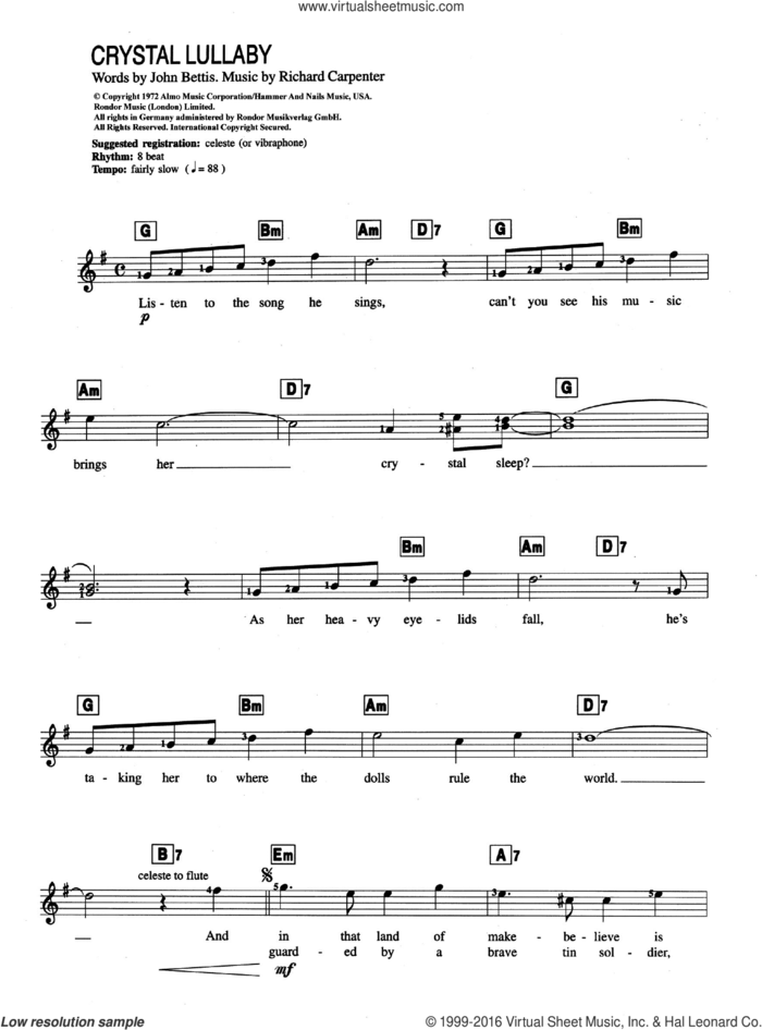 Crystal Lullaby sheet music for piano solo (chords, lyrics, melody) by Carpenters, John Bettis and Richard Carpenter, intermediate piano (chords, lyrics, melody)