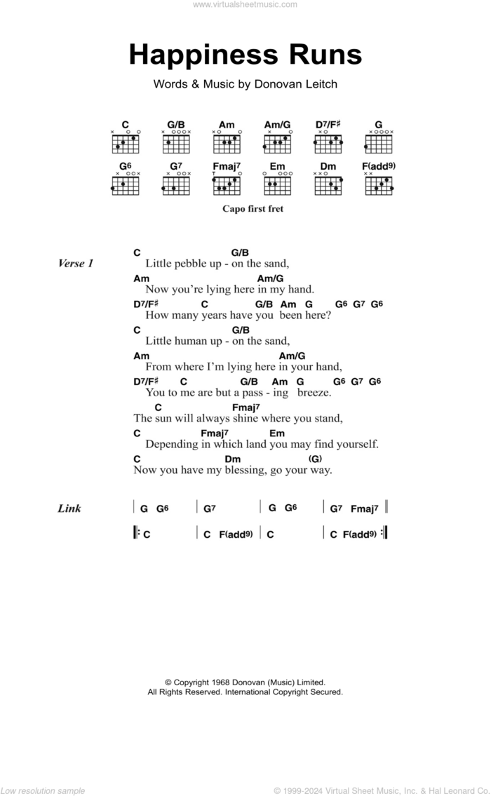 Happiness Runs sheet music for guitar (chords) by Walter Donovan and Donovan Leitch, intermediate skill level