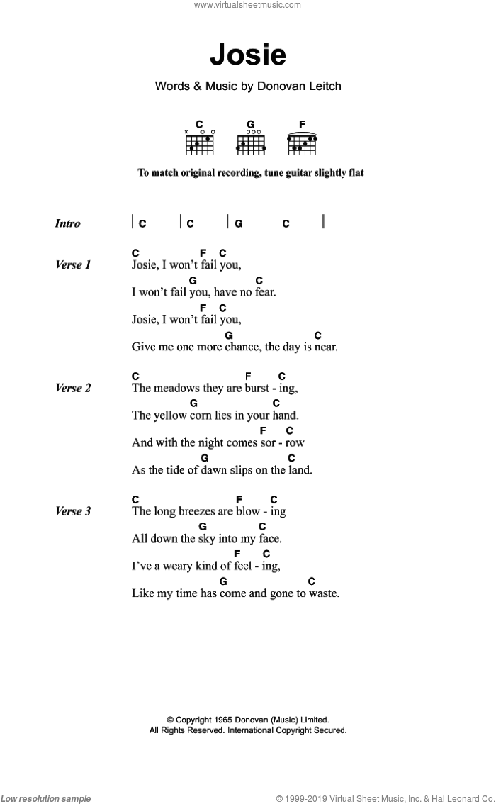 Josie sheet music for guitar (chords) by Walter Donovan and Donovan Leitch, intermediate skill level