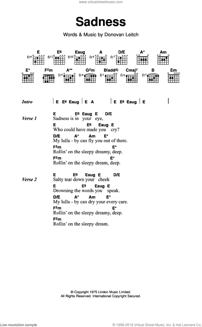 Sadness sheet music for guitar (chords) by Walter Donovan and Donovan Leitch, intermediate skill level