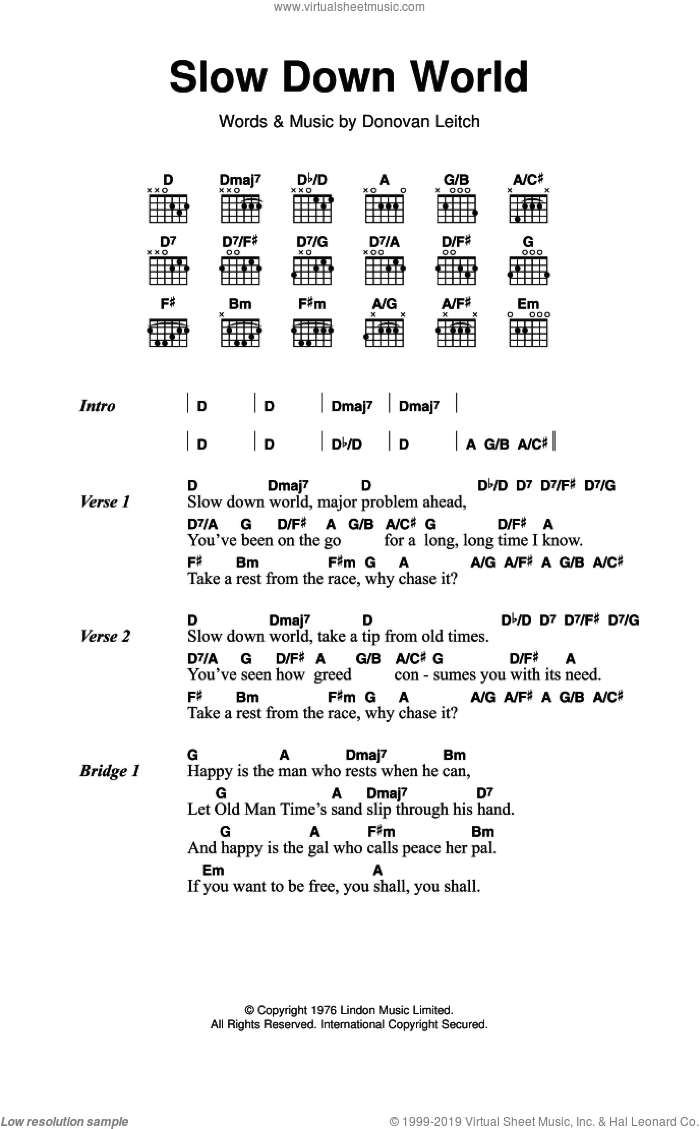 Slow Down World sheet music for guitar (chords) by Walter Donovan and Donovan Leitch, intermediate skill level