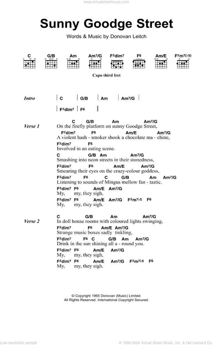 Sunny Goodge Street sheet music for guitar (chords) by Walter Donovan and Donovan Leitch, intermediate skill level