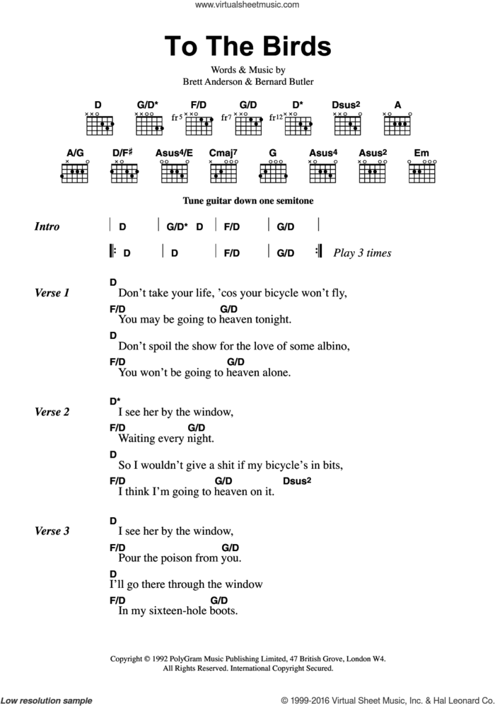 To The Birds sheet music for guitar (chords) by Suede, Bernard Butler and Brett Anderson, intermediate skill level