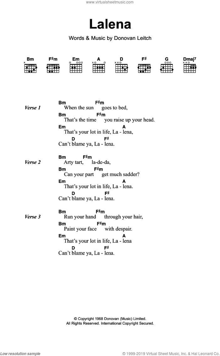 Lalena sheet music for guitar (chords) by Walter Donovan and Donovan Leitch, intermediate skill level