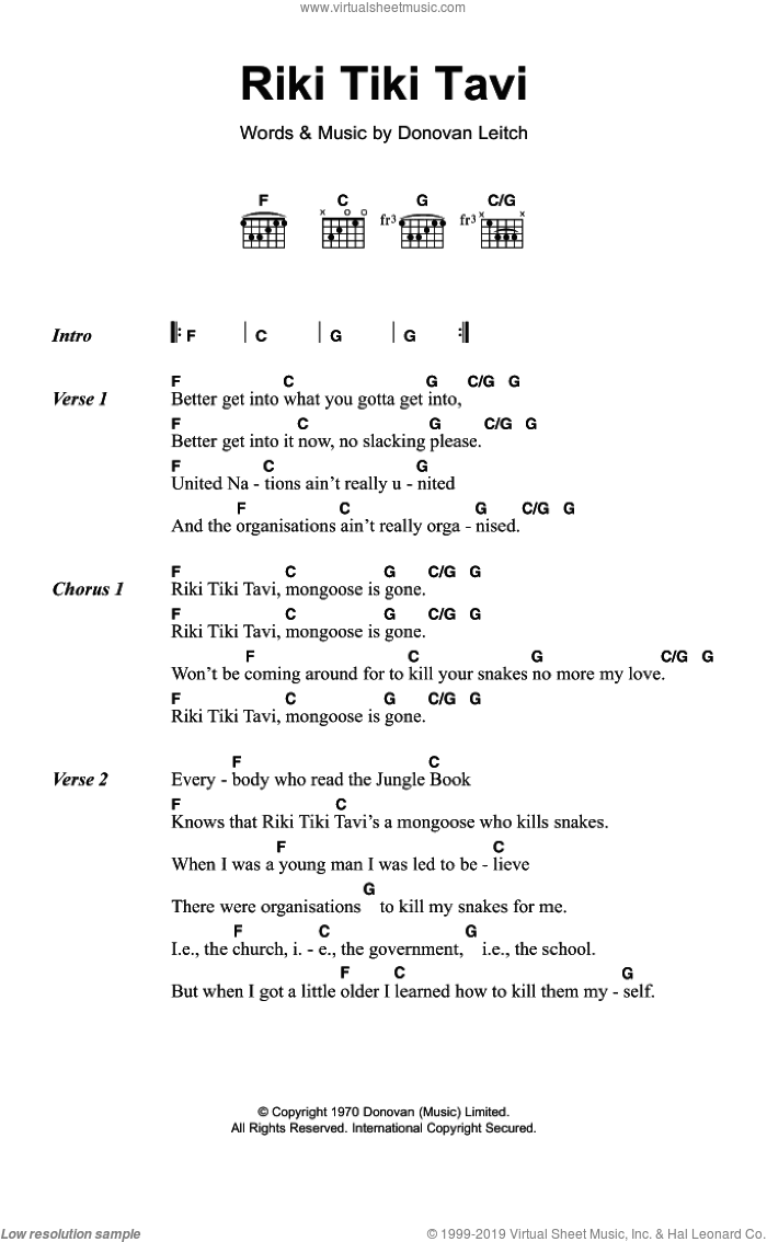 Riki Tiki Tavi sheet music for guitar (chords) by Walter Donovan and Donovan Leitch, intermediate skill level