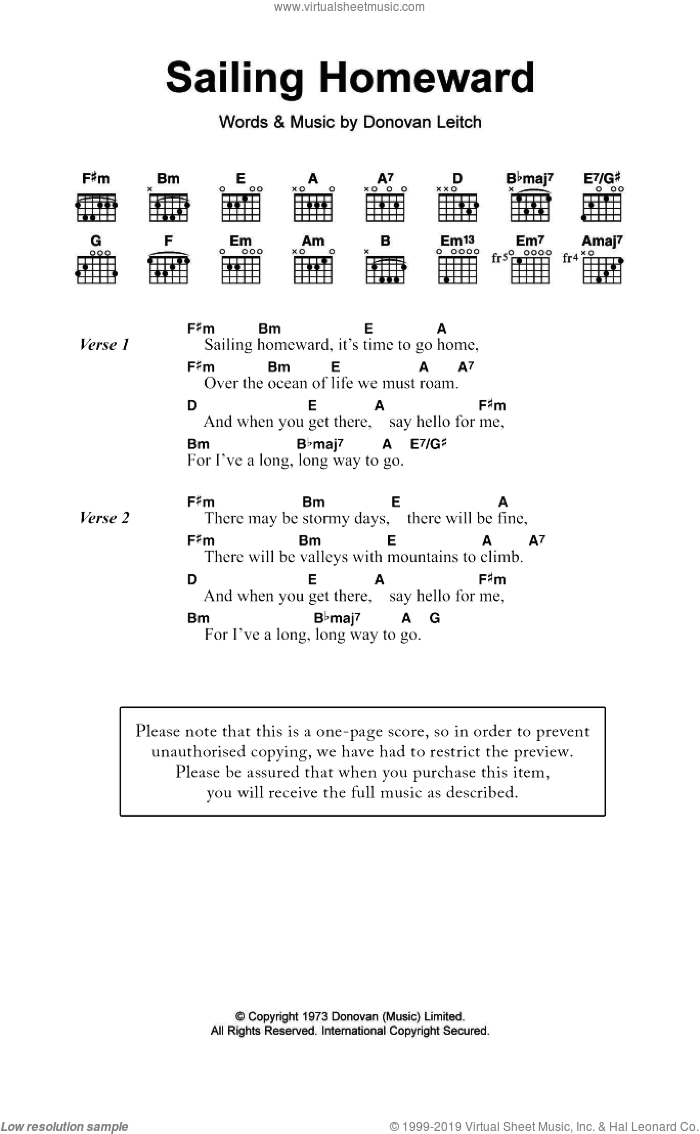 Sailing Homeward sheet music for guitar (chords) by Walter Donovan and Donovan Leitch, intermediate skill level