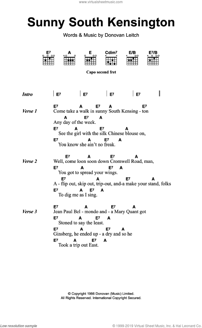 Sunny South Kensington sheet music for guitar (chords) by Walter Donovan and Donovan Leitch, intermediate skill level