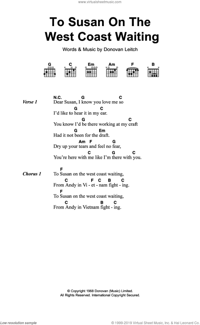 To Susan On The West Coast sheet music for guitar (chords) by Walter Donovan and Donovan Leitch, intermediate skill level