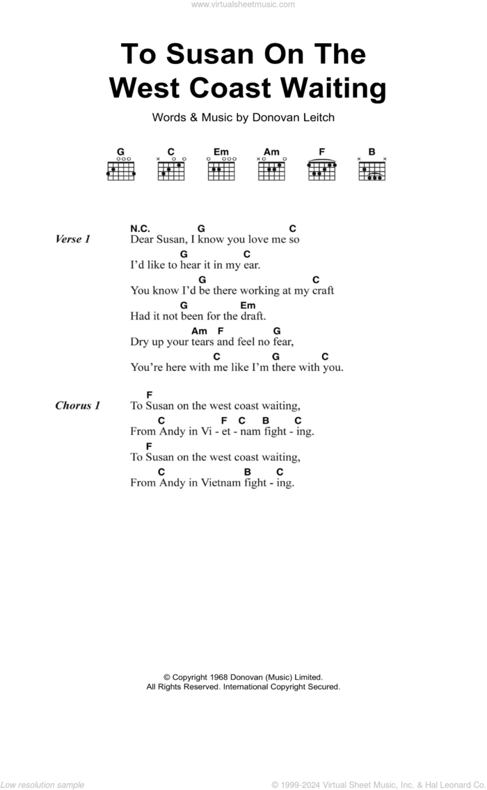 To Susan On The West Coast sheet music for guitar (chords) by Walter Donovan and Donovan Leitch, intermediate skill level