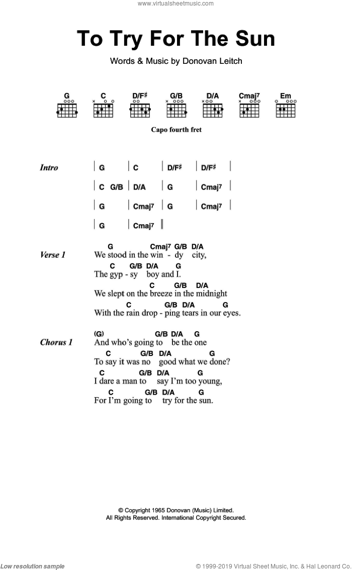 Try For The Sun sheet music for guitar (chords) by Walter Donovan and Donovan Leitch, intermediate skill level