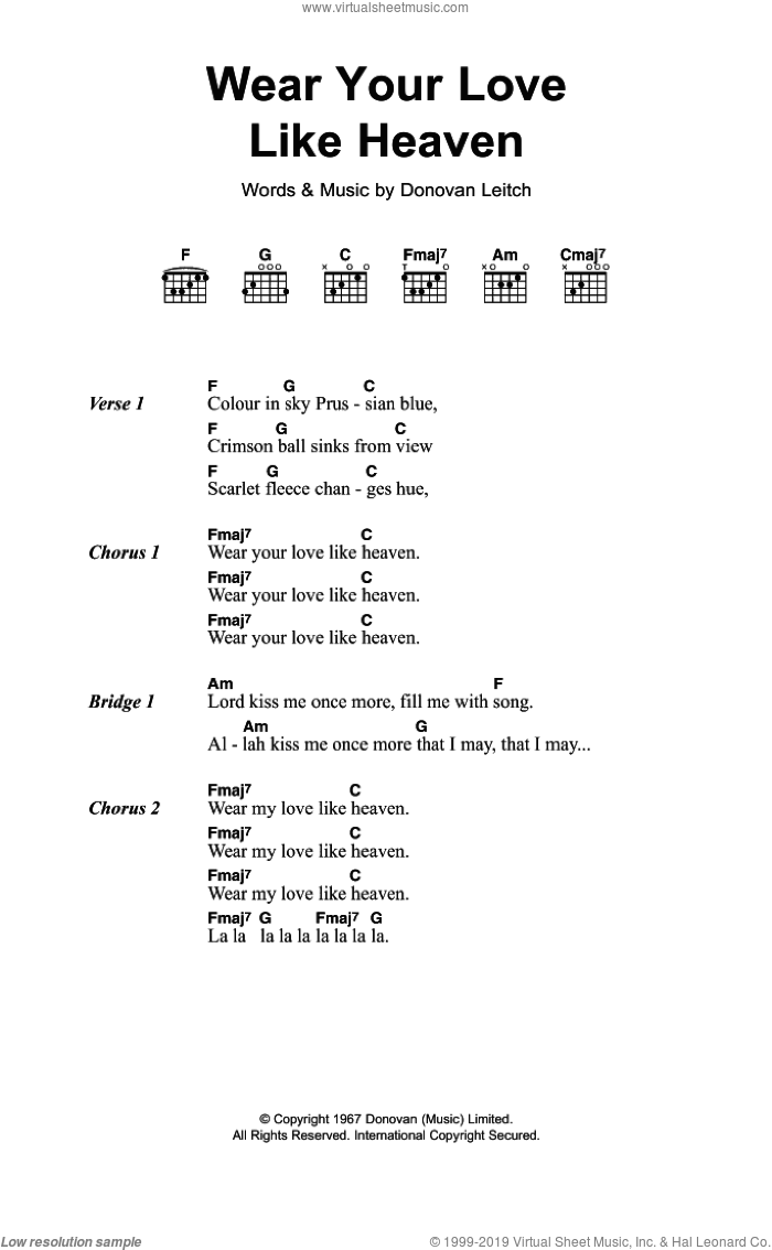 Wear Your Love Like Heaven sheet music for guitar (chords) by Walter Donovan and Donovan Leitch, intermediate skill level