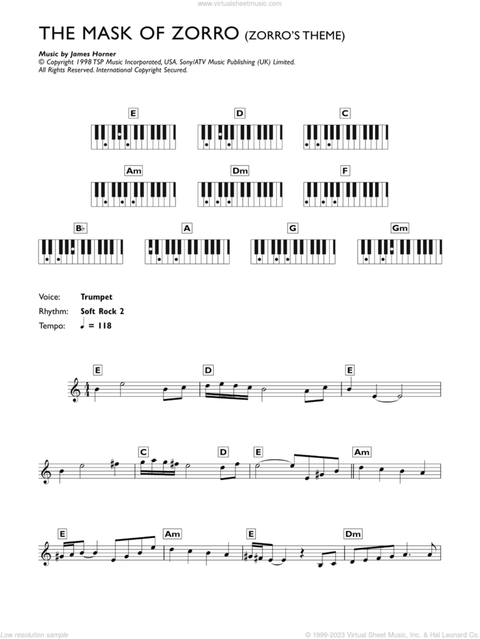 Zorro's Theme (from The Mask Of Zorro) sheet music for piano solo (chords, lyrics, melody) by James Horner, intermediate piano (chords, lyrics, melody)