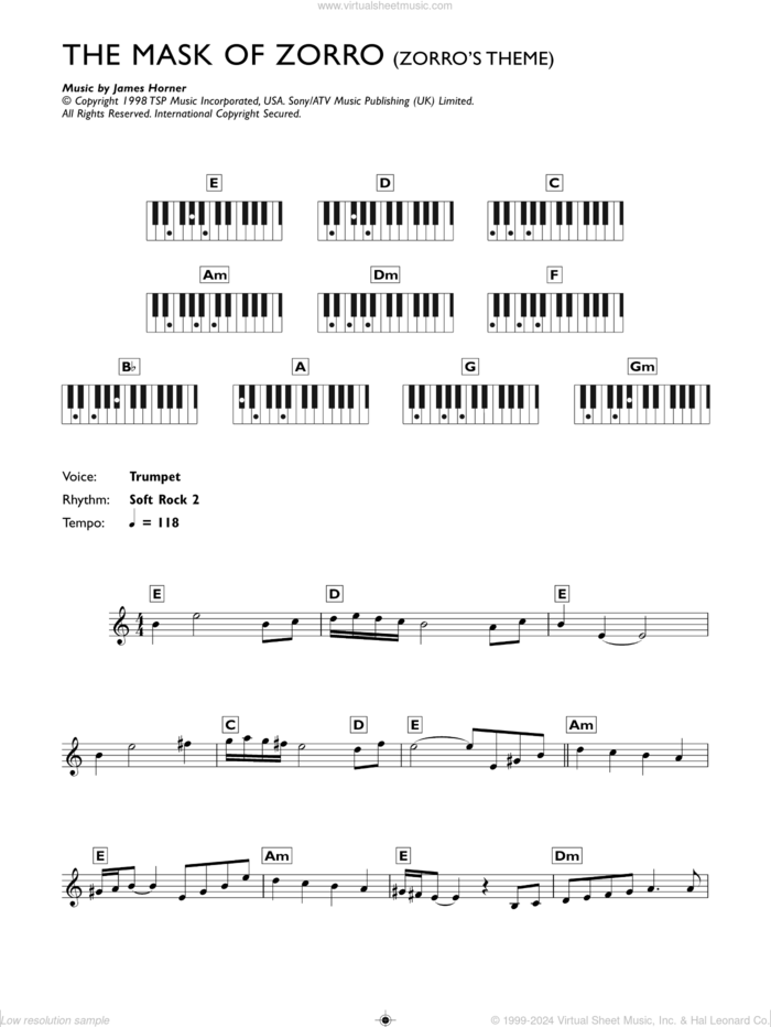 Zorro's Theme (from The Mask Of Zorro) sheet music for piano solo (chords, lyrics, melody) by James Horner, intermediate piano (chords, lyrics, melody)