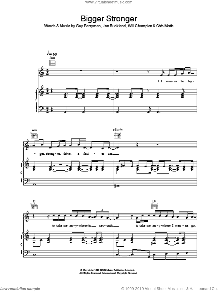 Bigger Stronger sheet music for voice, piano or guitar by Coldplay, Chris Martin, Guy Berryman, Jon Buckland and Will Champion, intermediate skill level