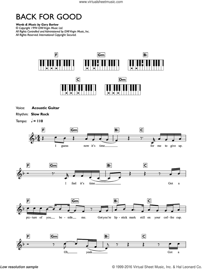 Back For Good sheet music for piano solo (chords, lyrics, melody) by Take That and Gary Barlow, intermediate piano (chords, lyrics, melody)