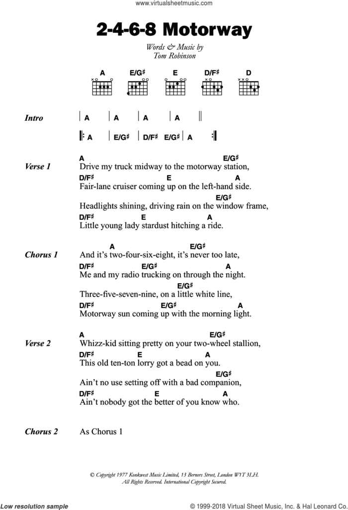 2-4-6-8 Motorway sheet music for guitar (chords) by Tom Robinson Band and Tom Robinson, intermediate skill level