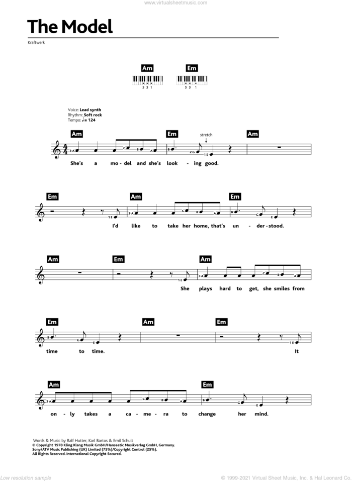 The Model sheet music for piano solo (chords, lyrics, melody) by Kraftwerk, Emil Schult, Karl Bartos, Ralf HAAtter and Ralf Hutter, intermediate piano (chords, lyrics, melody)