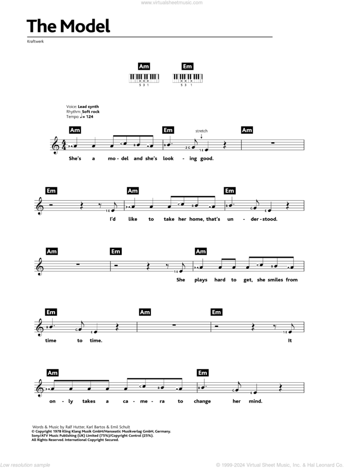 The Model sheet music for piano solo (chords, lyrics, melody) by Kraftwerk, Emil Schult, Karl Bartos, Ralf HAAtter and Ralf Hutter, intermediate piano (chords, lyrics, melody)