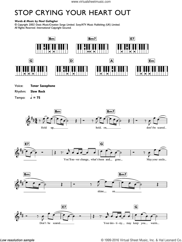 Stop Crying Your Heart Out sheet music for piano solo (chords, lyrics, melody) by Oasis and Noel Gallagher, intermediate piano (chords, lyrics, melody)