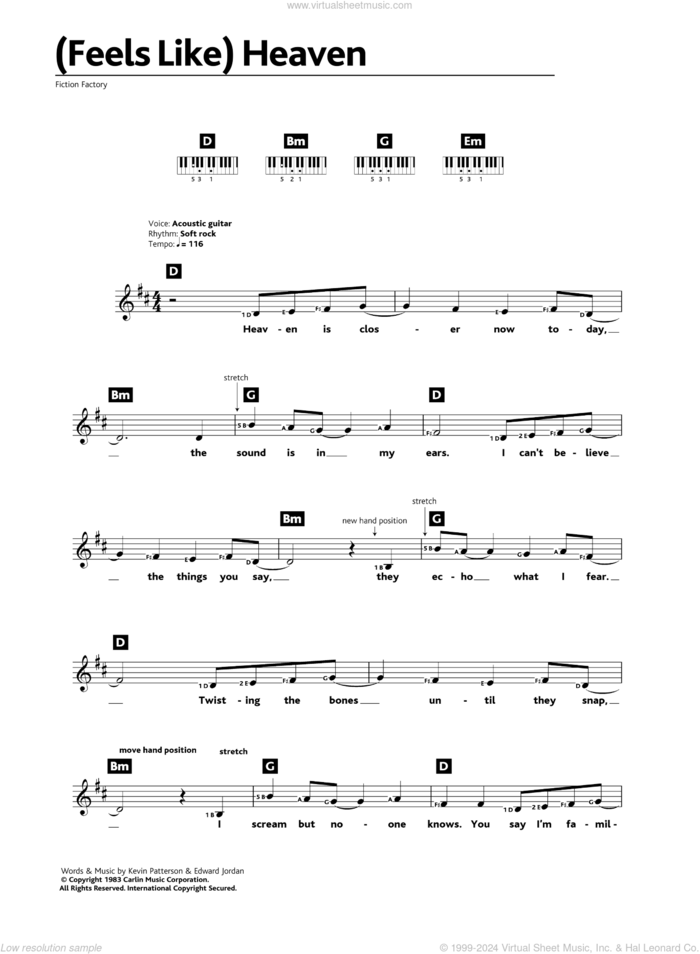 (Feels Like) Heaven sheet music for piano solo (chords, lyrics, melody) by Fiction Factory, Edward Jordan and Kevin Patterson, intermediate piano (chords, lyrics, melody)