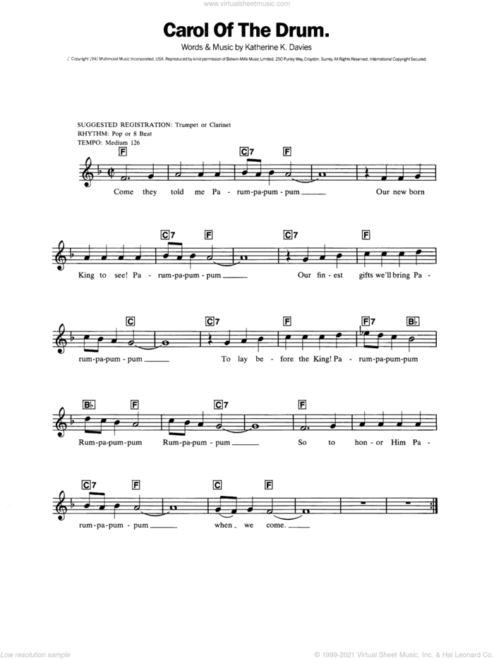 Carol Of The Drum (The Little Drummer Boy) sheet music for piano solo (chords, lyrics, melody) by Katherine Davis, intermediate piano (chords, lyrics, melody)