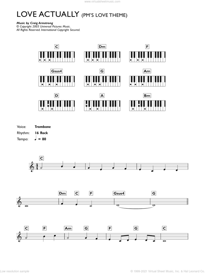 P.M.'s Love Theme (from Love Actually) sheet music for piano solo (chords, lyrics, melody) by Craig Armstrong, intermediate piano (chords, lyrics, melody)